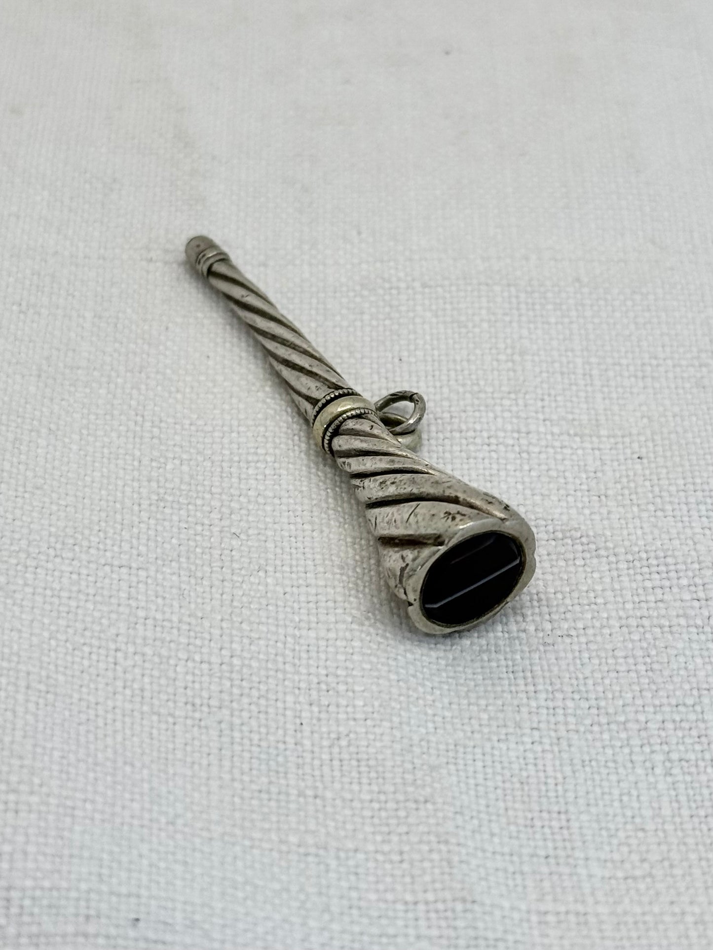 .1880s .1890s antique banded agate silver watch winder key Trumpet Shape horn of plenty Cornucopia pendant with banded Black Agate Gemstone accent