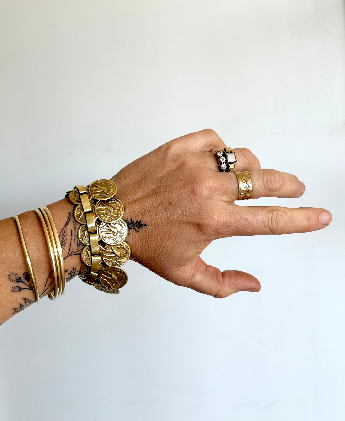 .1880s antique aesthetic movement book link Victorian Gold tone brass Swallow and Swift Sweetheart panel bracelet