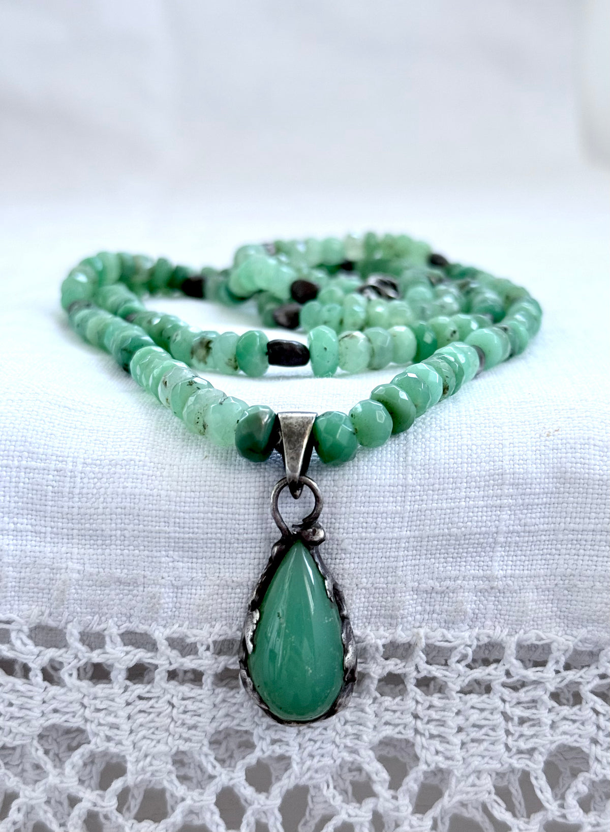 .925 boho Chrysoprase green hand faceted double gemstone necklace