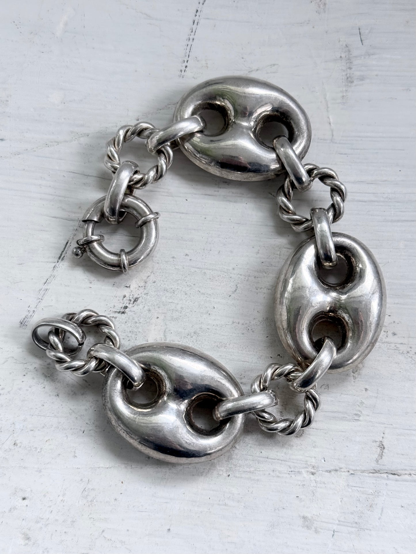 .1980s .1990s .925 Super Sized Chunky extra puffy gucci link mariners link sterling silver fancy twist link modernist oversized chain bracelet