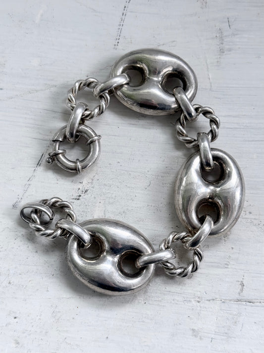 .1980s .1990s .925 Super Sized Chunky extra puffy gucci link mariners link sterling silver fancy twist link modernist oversized chain bracelet