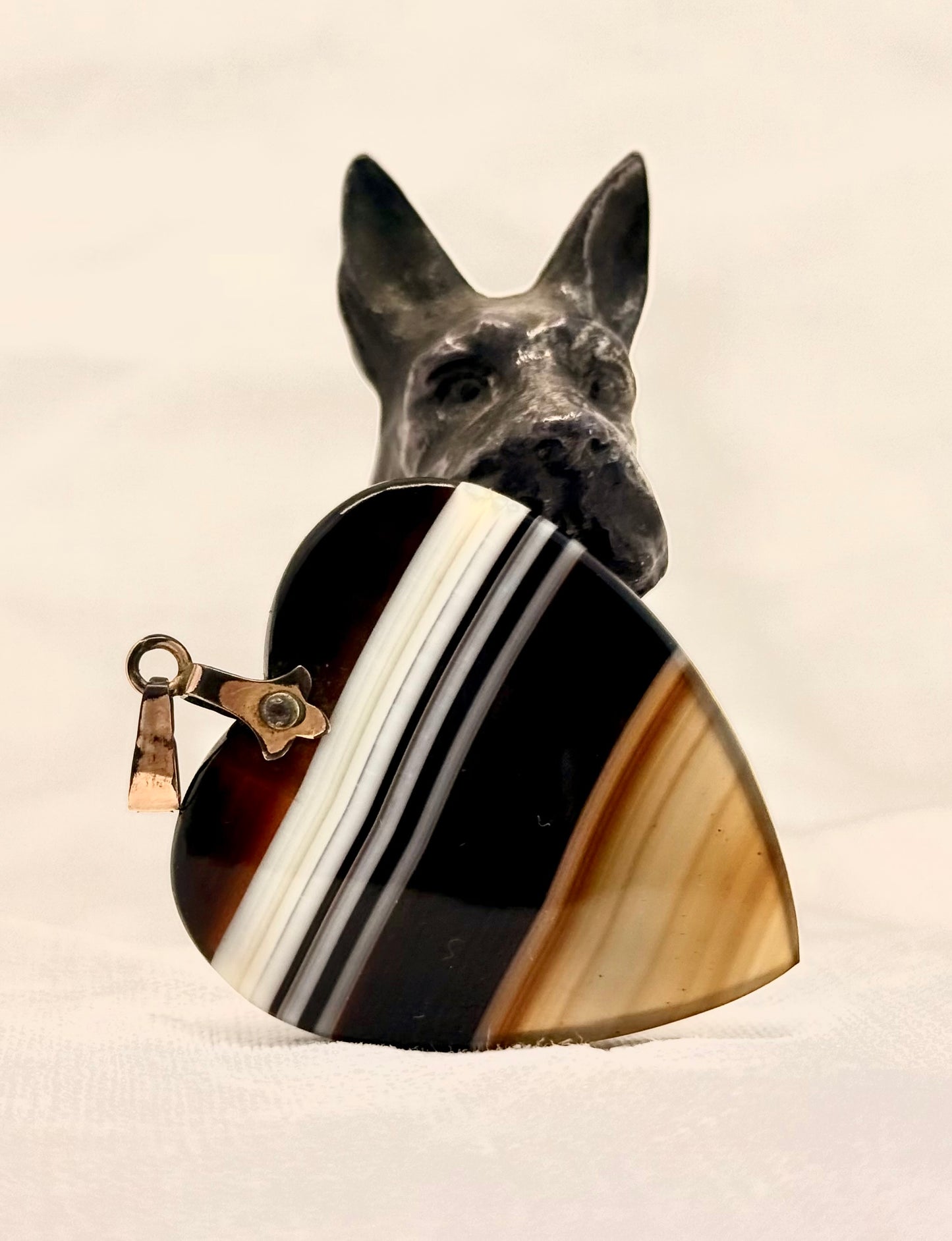 .1920s Art Deco banded agate oversized Victorian revival Irish made heart semi precious gemstone love token symbol pendant