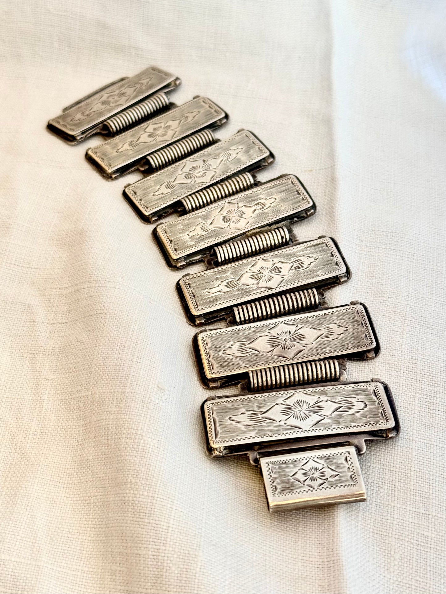 .1880s .1890s .925 Aesthetic Victorian era wide link and solid silver etched panel bracelet
