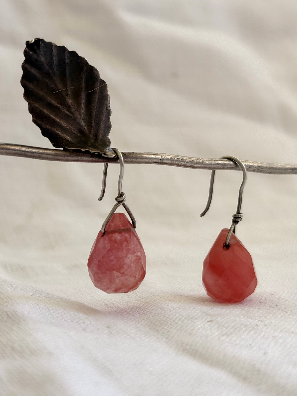 .925 Cherry Quartz gemstone Briolette teardrop silver artisan made boho drop dangle earrings
