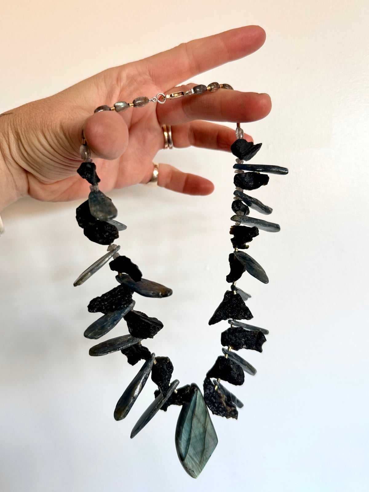 .925 artisan silver Blue kyanite crystals Labradorite abstract bib geological gemstone statement necklace