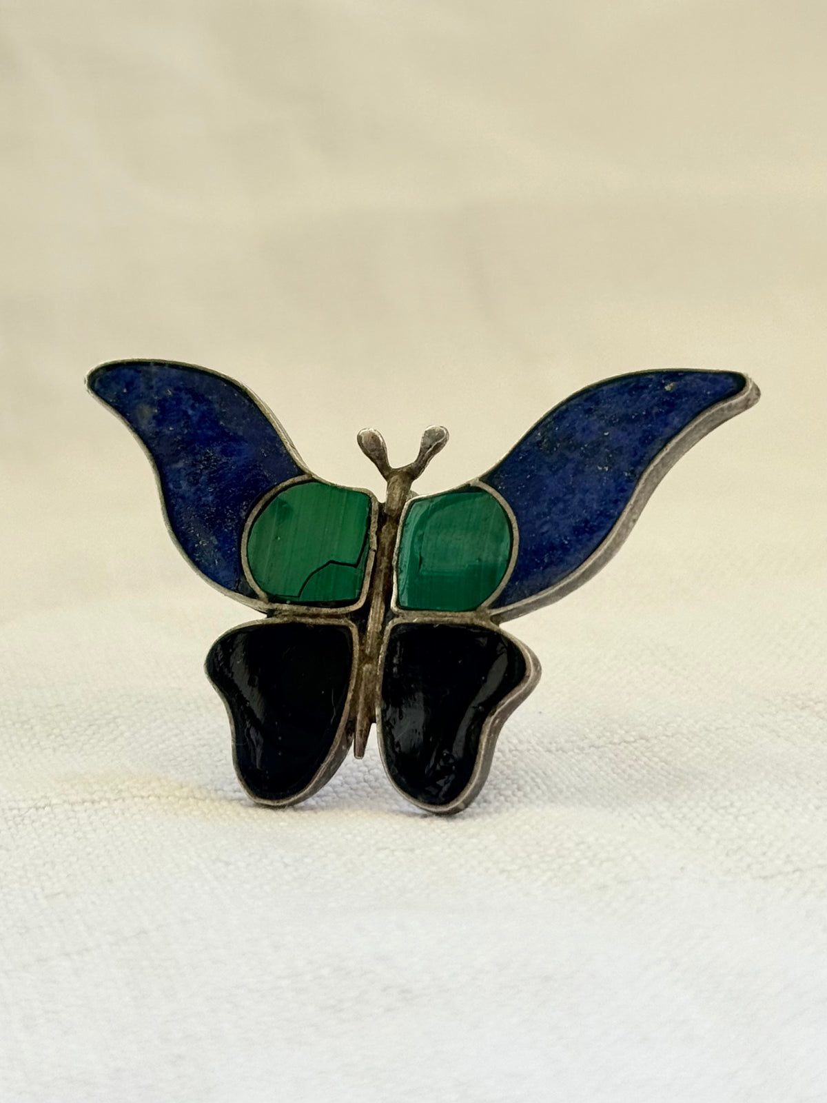.1970s .1980s .925 South American Arts & Crafts Lapis Lazuli, Onyx, Malachite gemstone large butterfly brooch pendant treasure