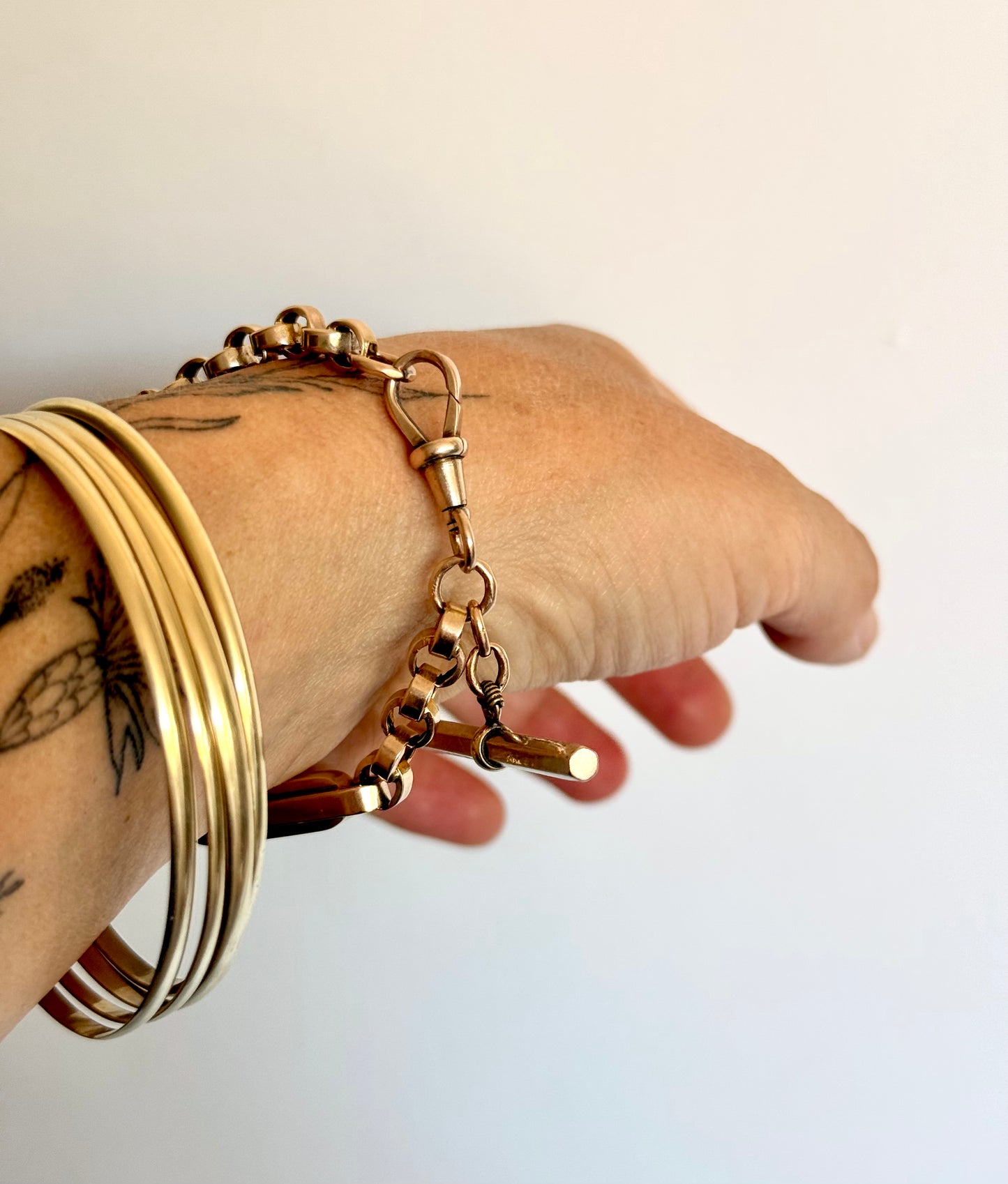 .1890s .1900s .9ct antique chunky gold fancy link double paper clip link fob chain with oversized T bar bracelet