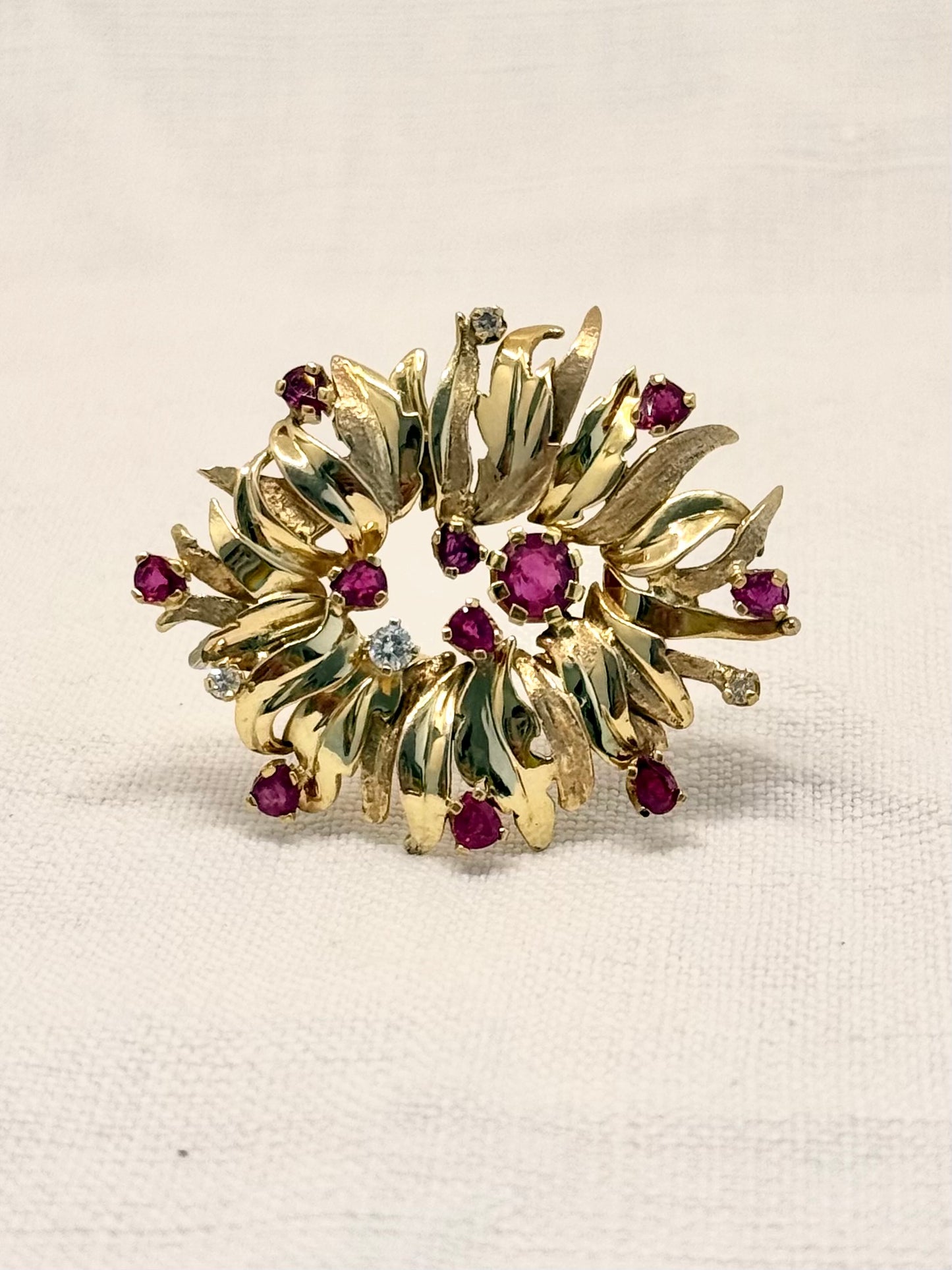 .1960s .1970s .375 gold modernist Diamond and Ruby gemstone heirloom Edelweiss flower spray brooch pin