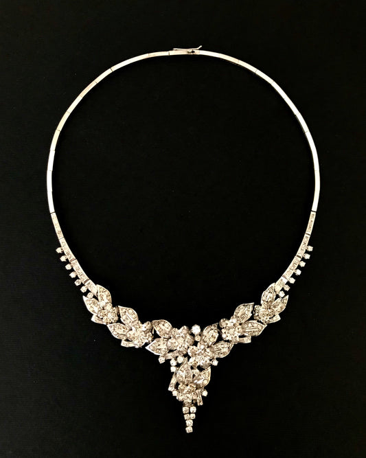 .165 diamonds .1920s 9 carat white gold diamond waterfall floral flower drop bib wedding bridal necklace