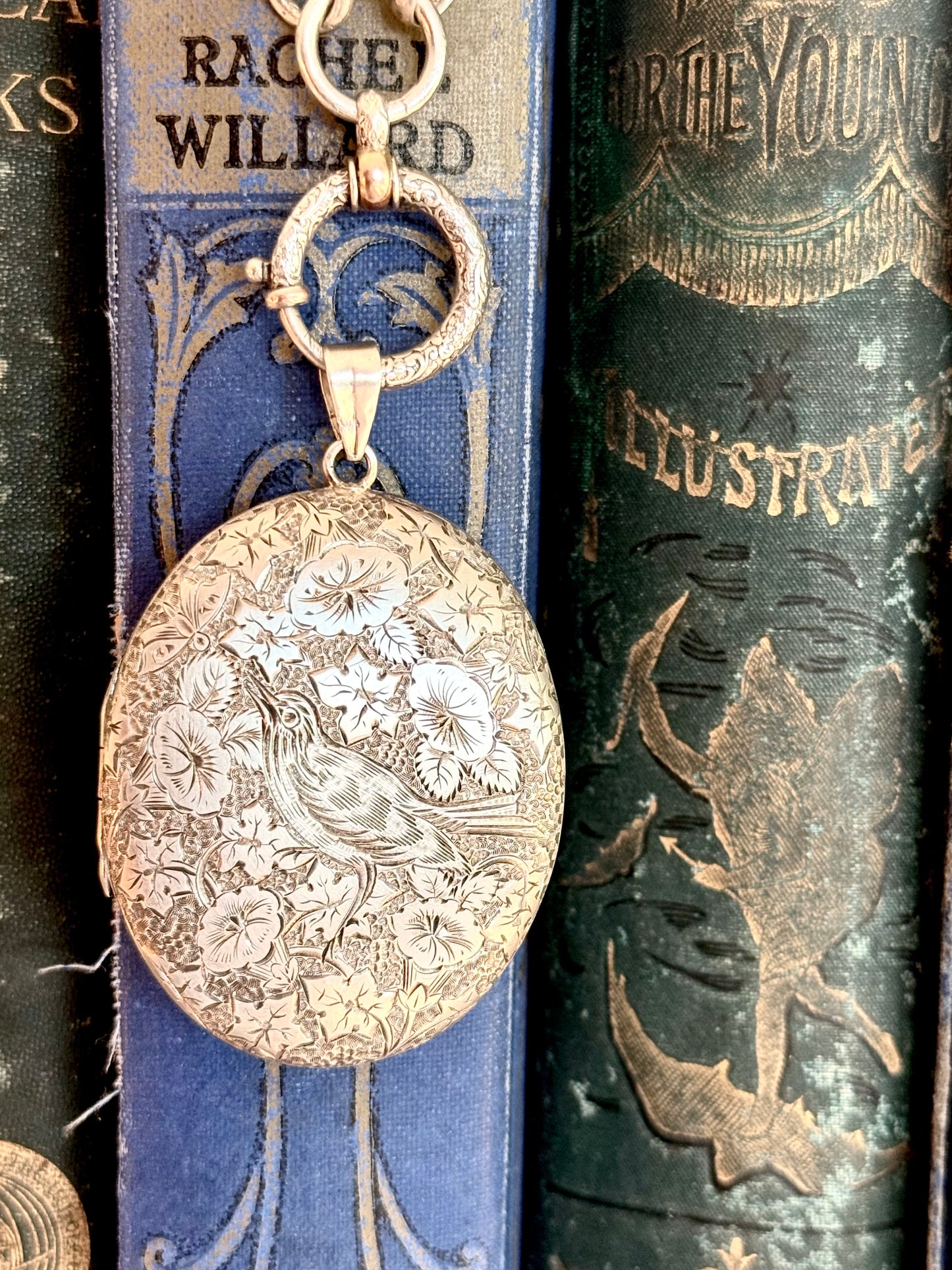 .1880s .1890s .925 large Victorian Aesthetic deep engraved Swallow and floral detailed antique French sterling silver locket