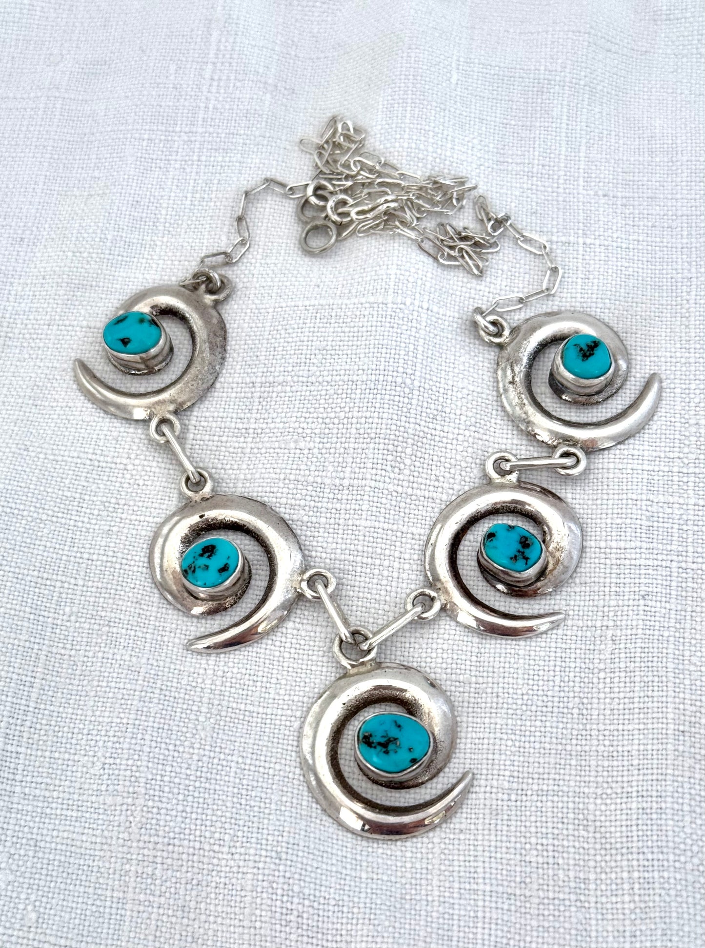 .1970s .925 artisan made Navajo silversmith turquoise silver swirl pattern necklace and designer Mildred Parkhurst earring set