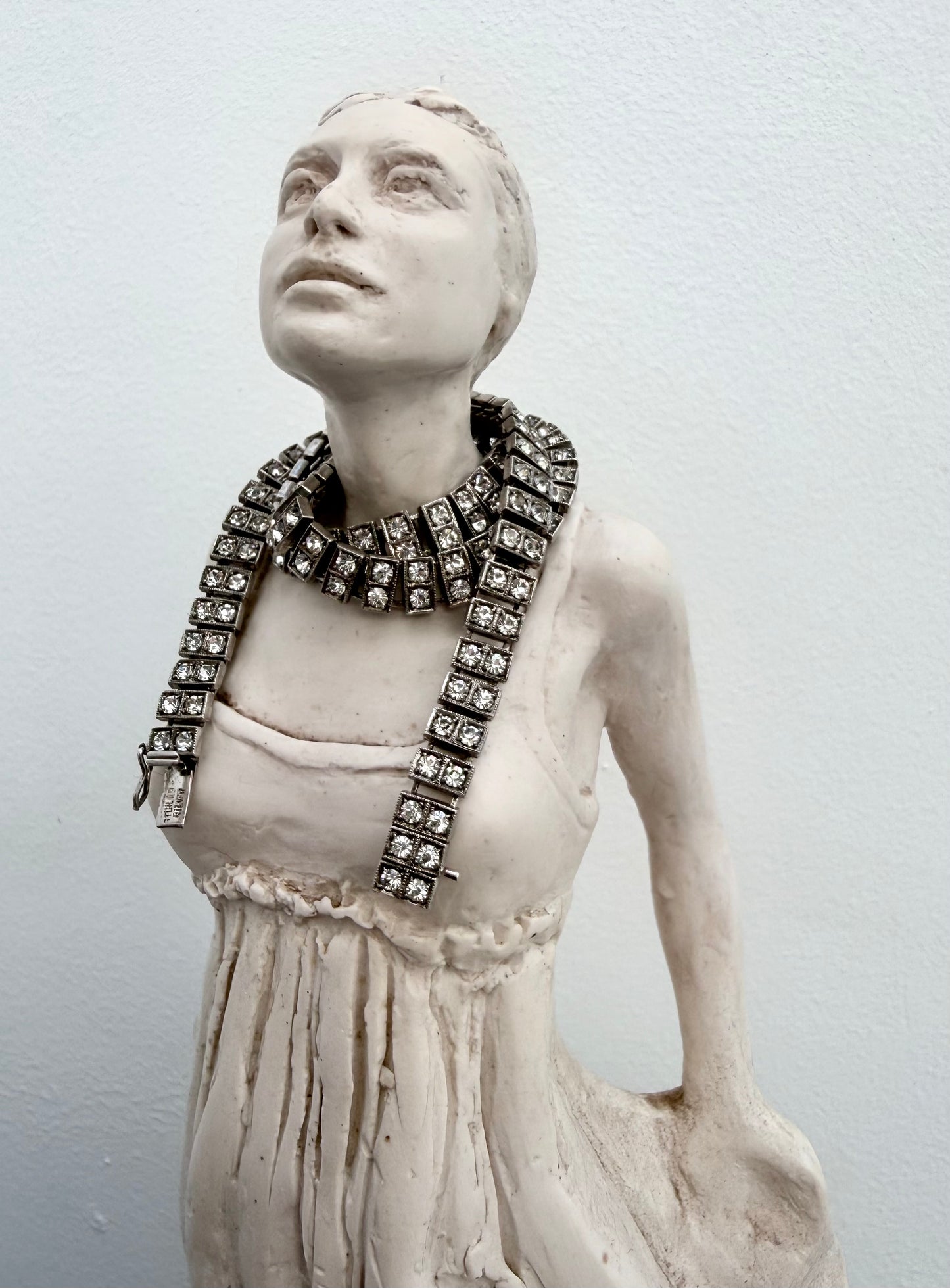 .1930s .1940s .925 Art Deco style double paste stone tennis style sterling silver choker necklace