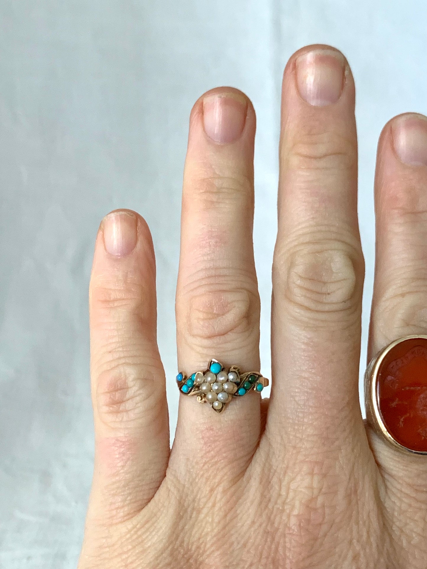 .1890s .1900s .375 .9ct antique buttery gold turquoise seed pearl grecian grape leaf Victorian gold sweetheart symbolic memory treasure ring