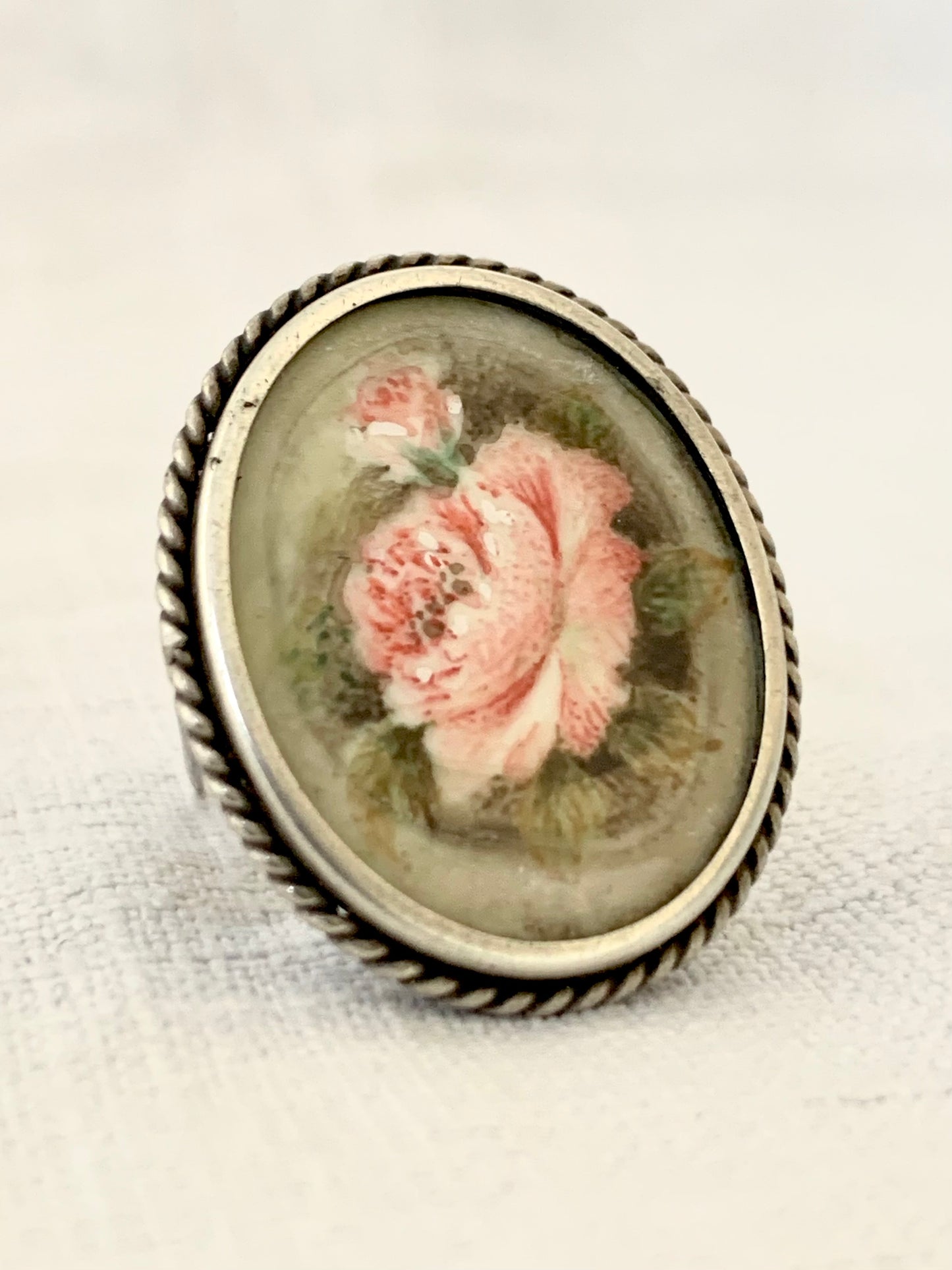 .1940s .800 artisan hand painted miniature Rose flower bloom Italian silver brooch pendant