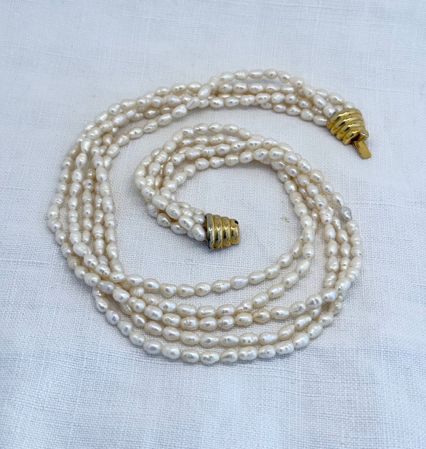 .1980s .5 Strand multi strand Freshwater creamy lustrous Modernist luxury Rice Pearl Necklace