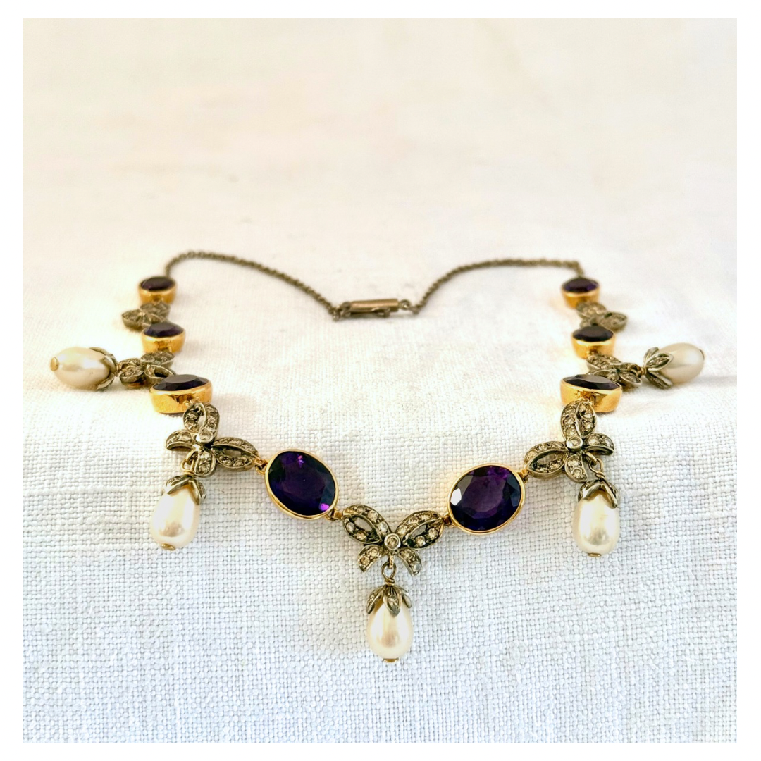 .1880s 1900s .18ct gold antique Belle Epoque Amethyst Diamond and pearl bow and ribbon Collier 750 marked necklace and earring set