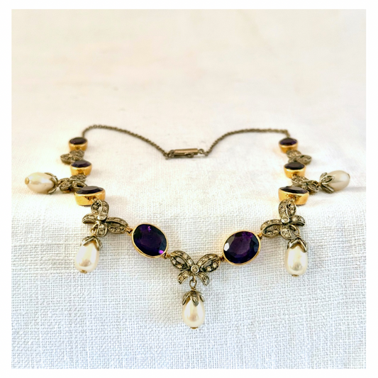 .1880s 1900s .18ct gold antique Belle Epoque Amethyst Diamond and pearl bow and ribbon Collier 750 marked necklace and earring set