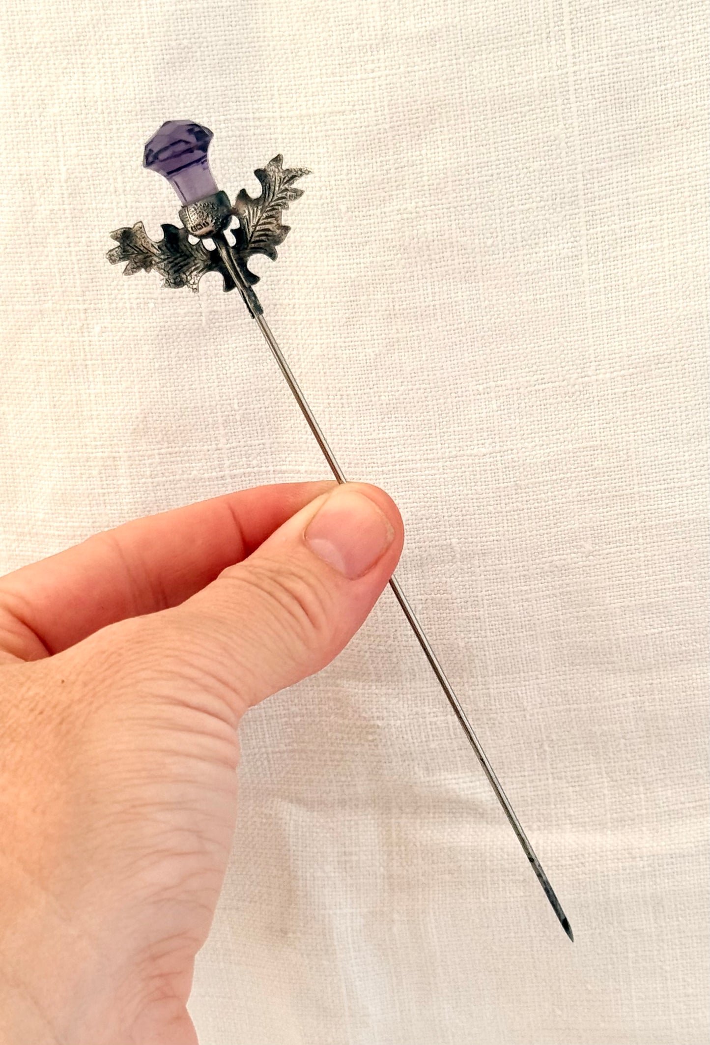 .1910 .925 antique Edwardian Scottish Thistle Amethyst paste gemstone long hatpin collectors heirloom piece