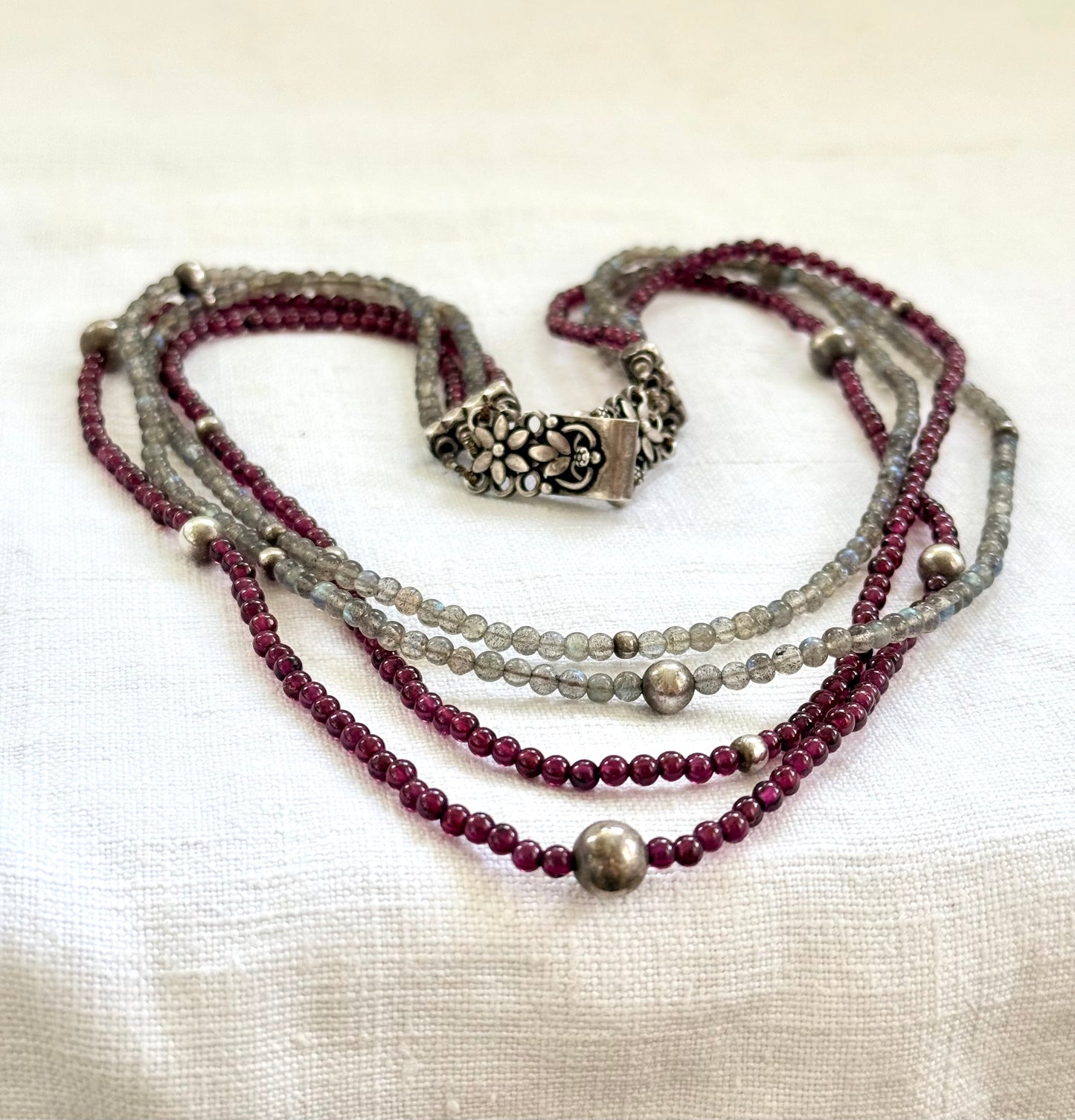 .4 strand gemstone .925 Indian style Garnet Labradorite gemstone necklace
