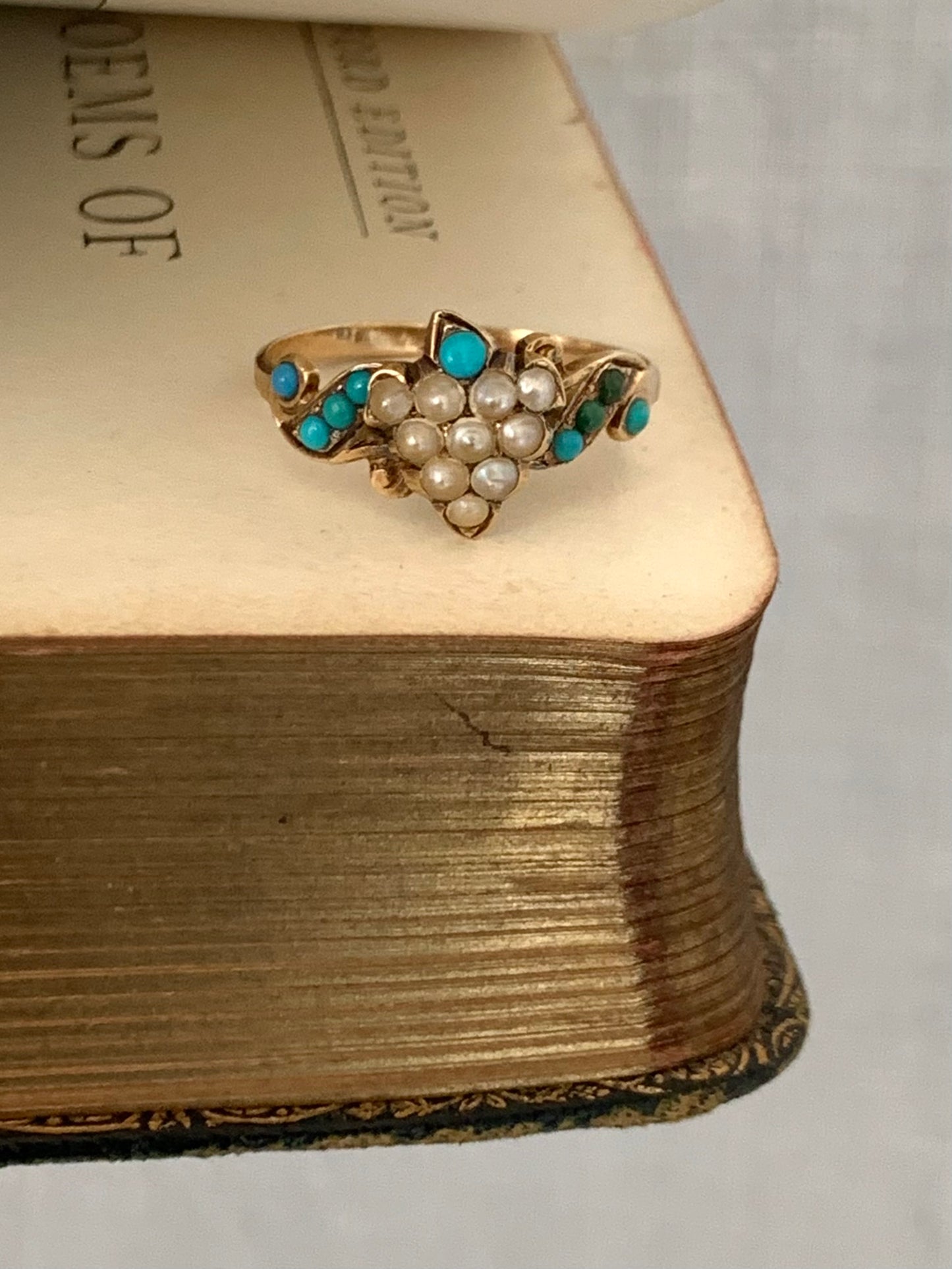 .1890s .1900s .375 .9ct antique buttery gold turquoise seed pearl grecian grape leaf Victorian gold sweetheart symbolic memory treasure ring