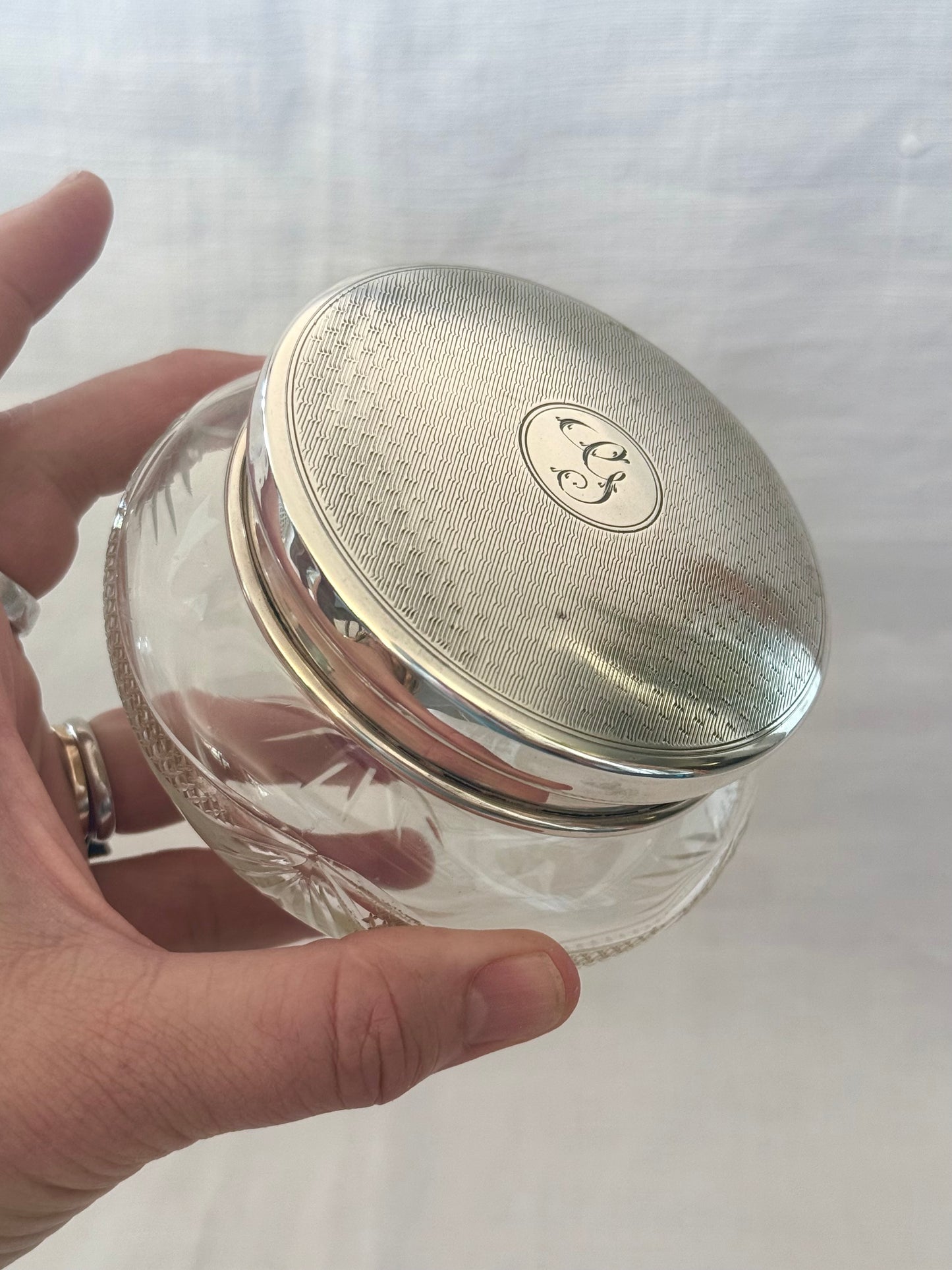 .1929 .925 antique Art Deco fancy engraved engine turned round pressed pattern bubble glass sterling silver lidded vanity powder bowl jar