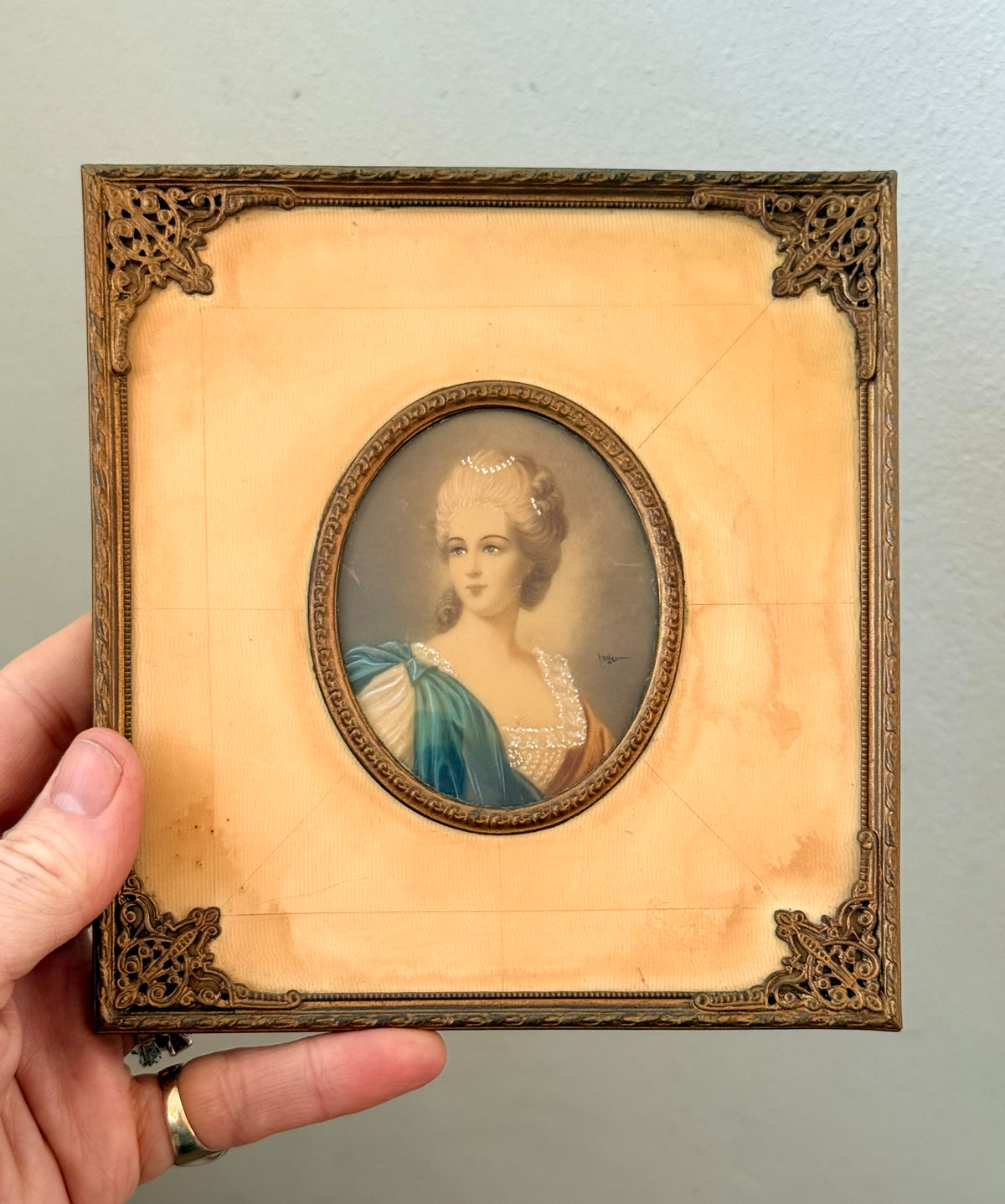 .1800s .1920s .1930s PAIR of Victorian revival miniature hand painted Dame Portraits Paintings Artist Mayer Signed