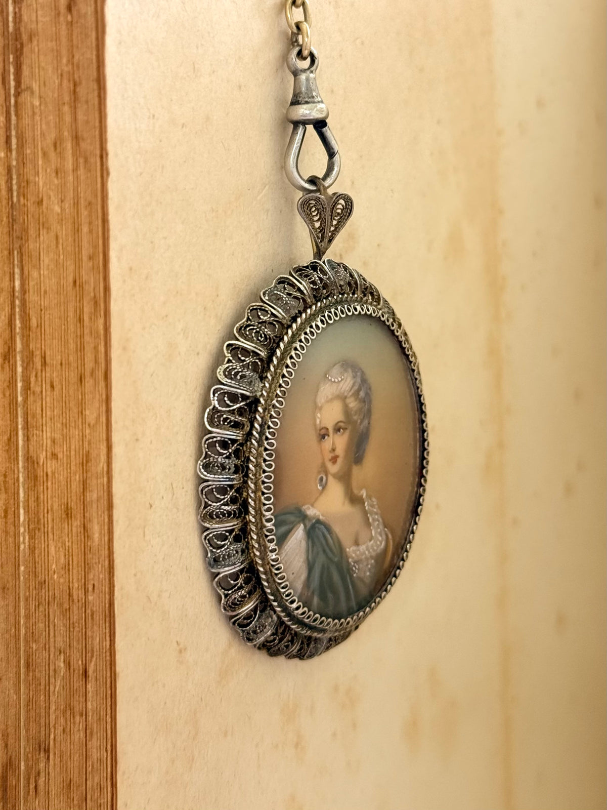 .1930s .1940s .800 Artist gold and silver incredible hand painted miniature Baroque revival portrait in fine silver filigree brooch and pendant
