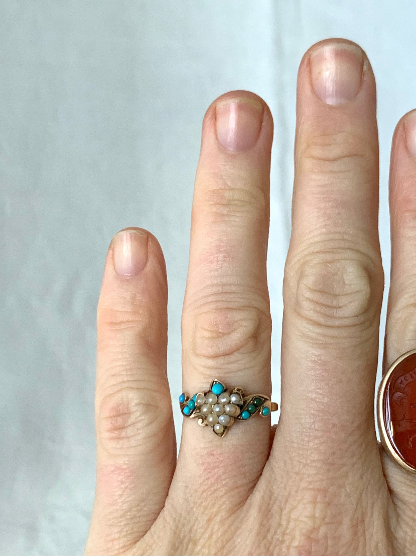 .1890s .1900s .375 .9ct antique buttery gold turquoise seed pearl grecian grape leaf Victorian gold sweetheart symbolic memory treasure ring