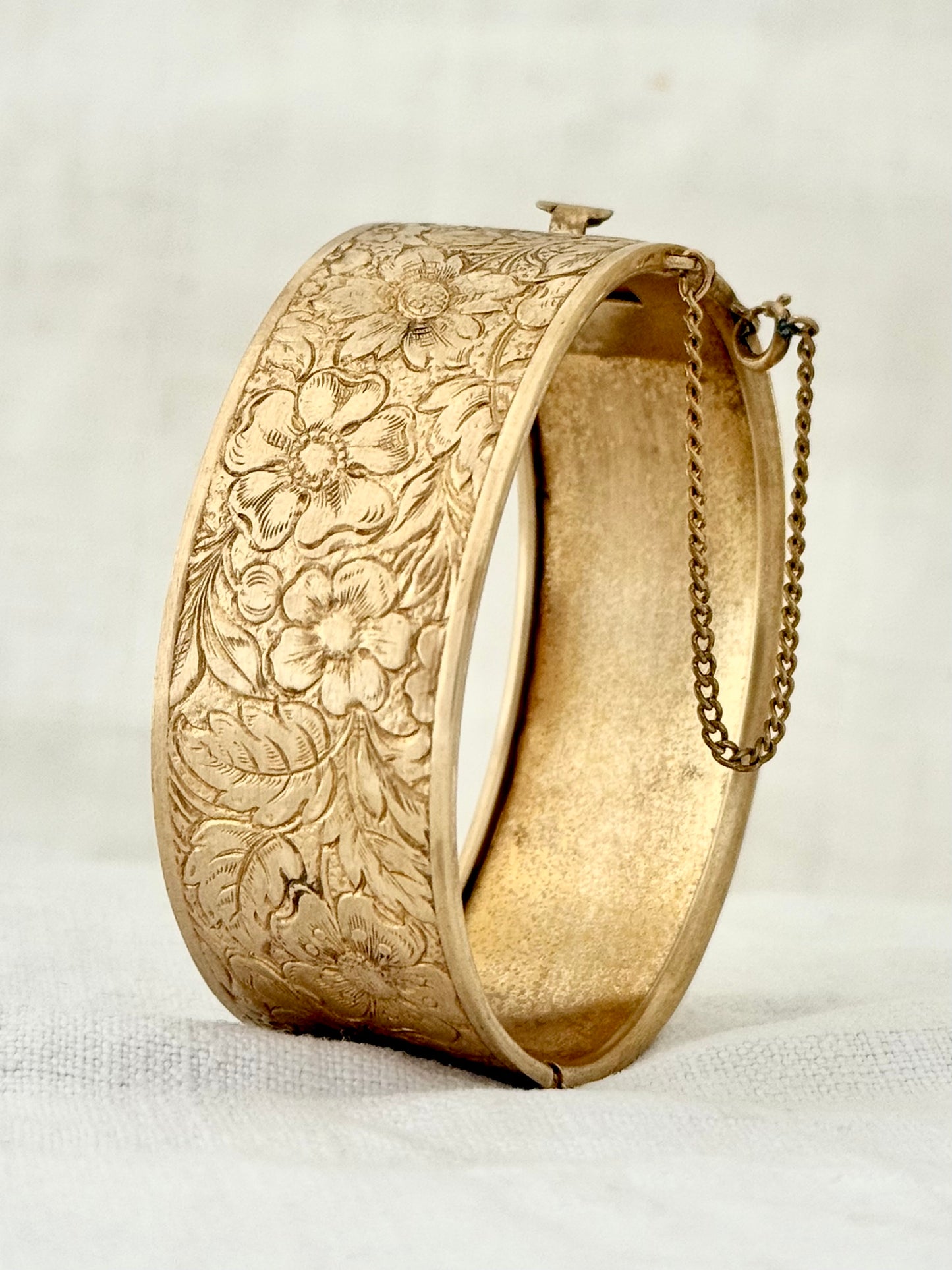 .1900s .1940s Victorian revival Dog Rose floral flower hand engraved gold plated brass romantic clasp bangle