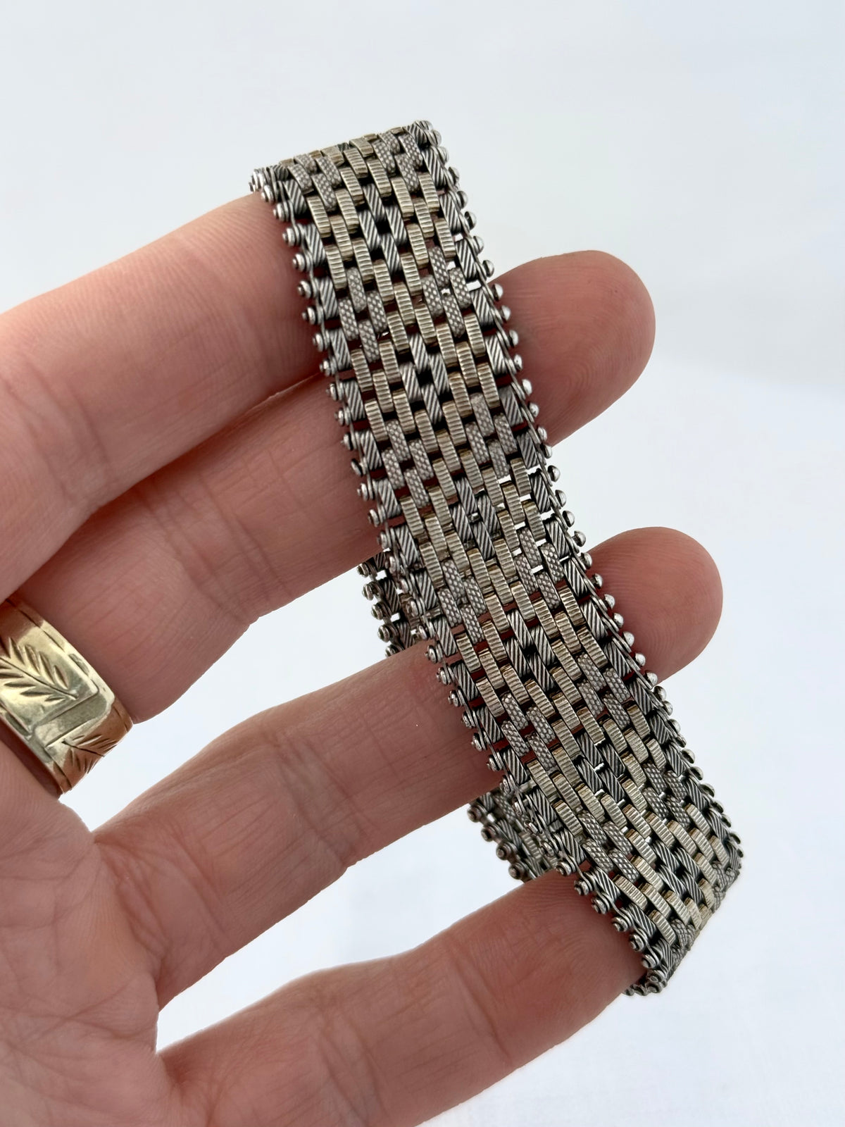 .1890s .1900s .925 antique Victorian fancy form gold fill and silver track mesh bracelet