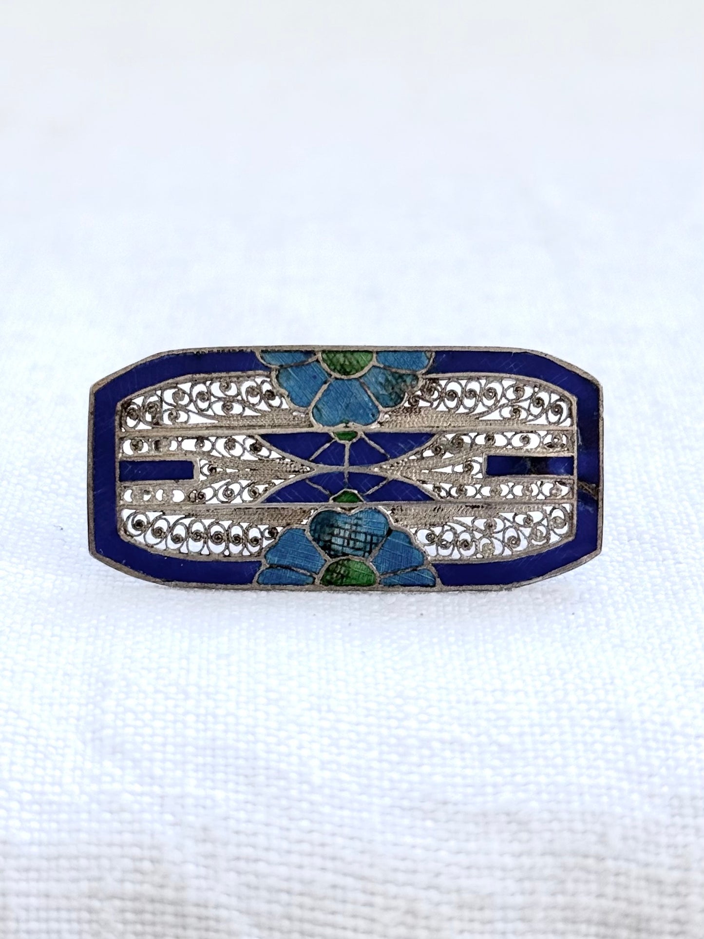 .1920s .1930s Art Deco era Portuguese Enamel and fine silver filigree flower rectangular sweetheart brooch