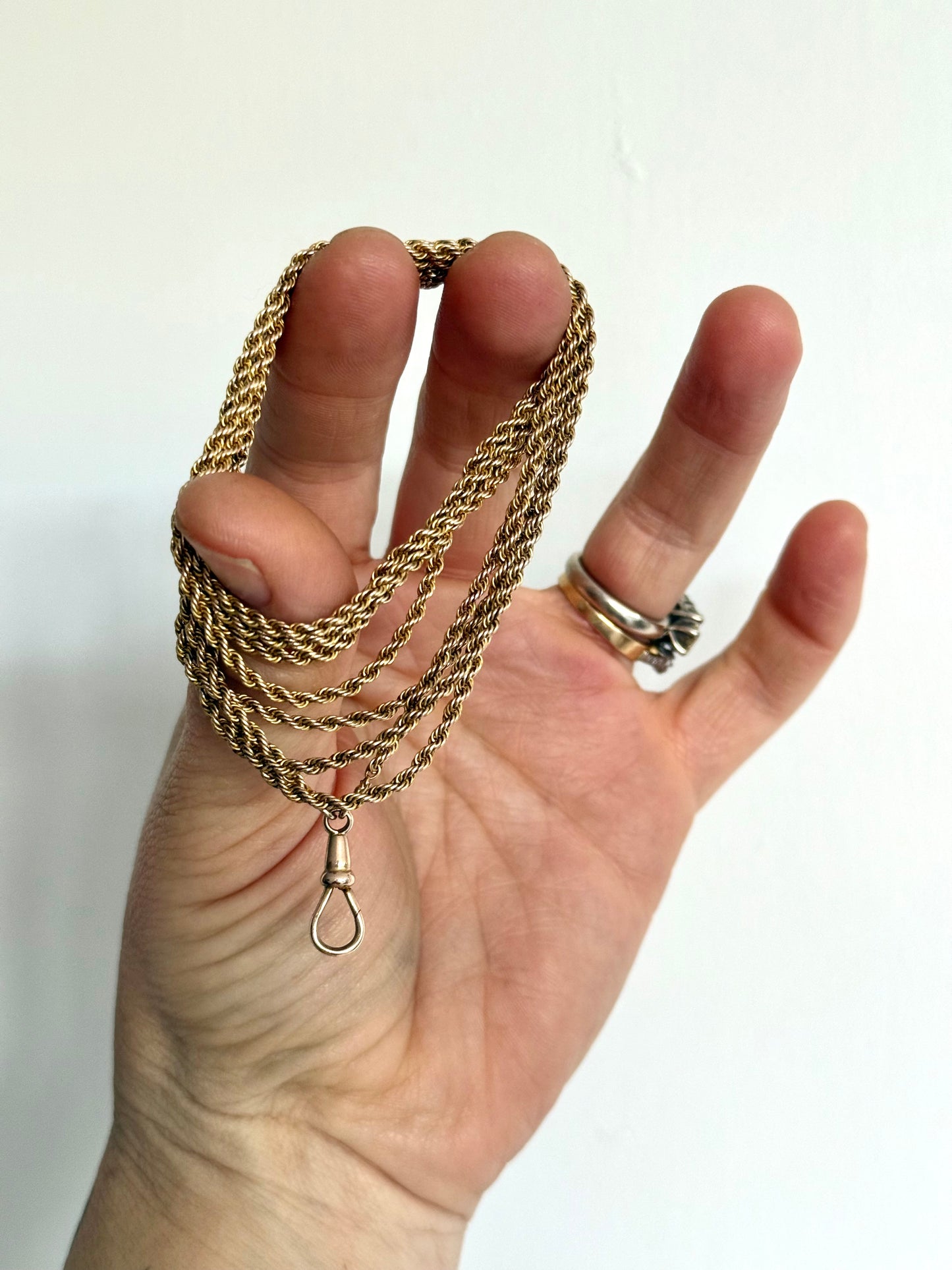 .1890s .1900s .9ct .138.50cm antique Edwardian gold long magnificent rope weave long guard muff chain necklace