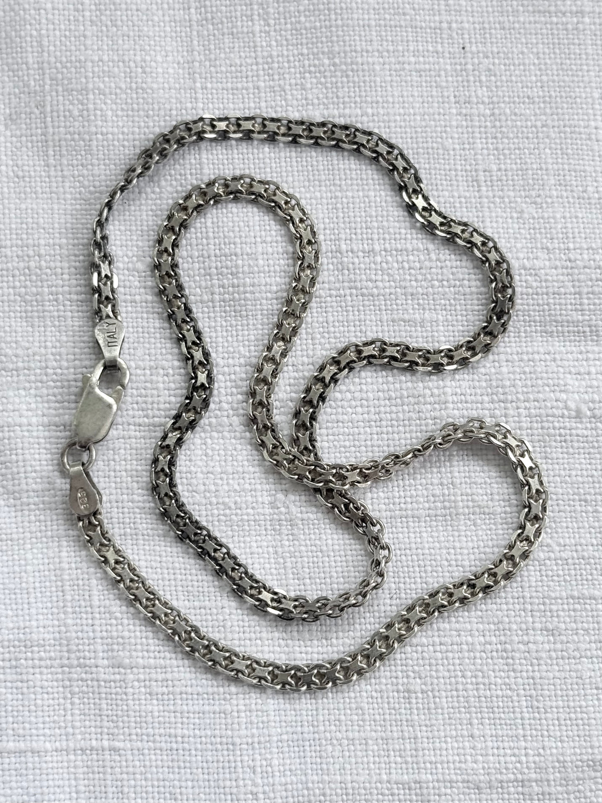 .1960s .1970s .925 modernist geometric form fancy form star form flat link track link segment link solid silver fancy chain necklace