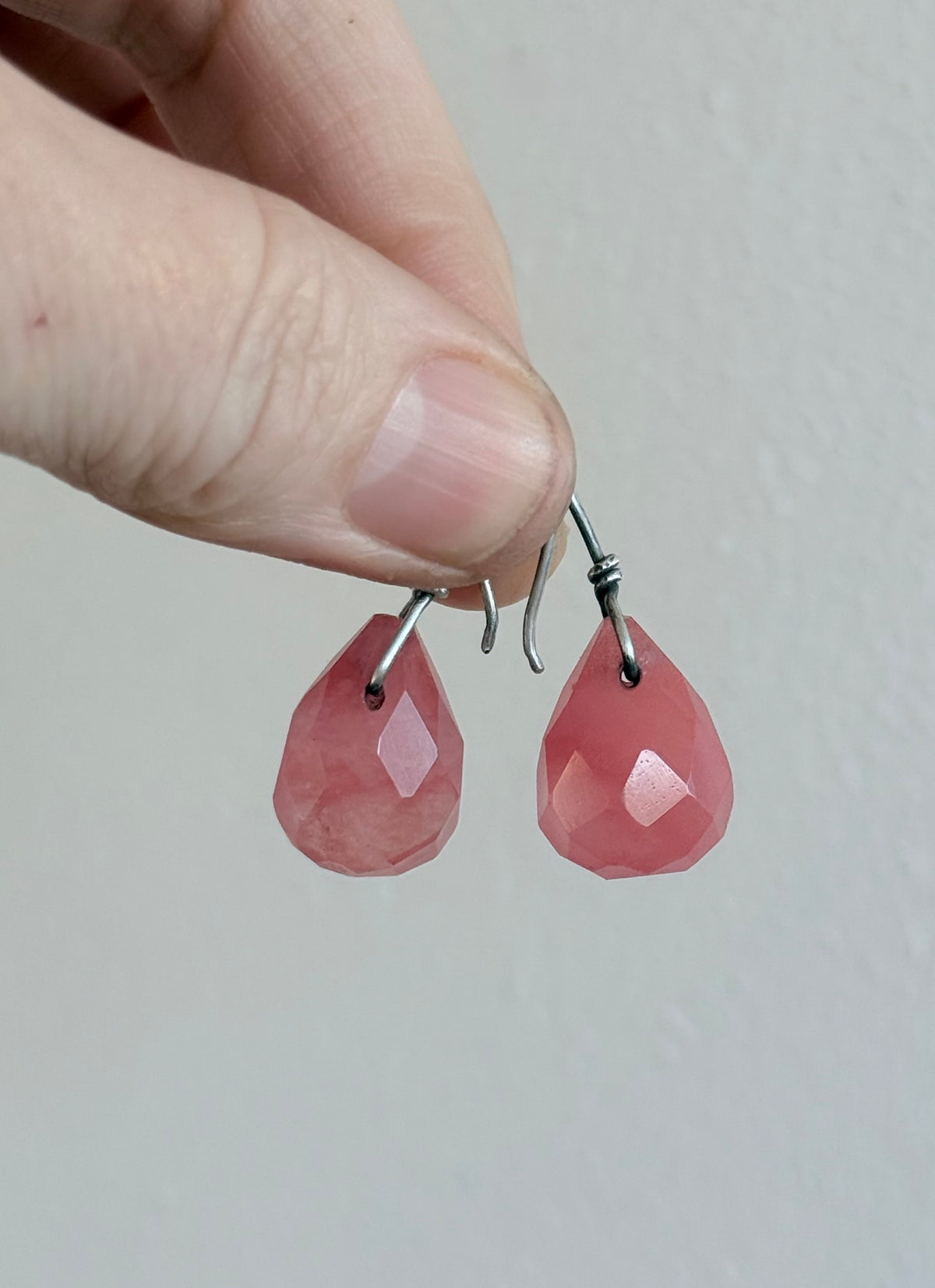 .925 Cherry Quartz gemstone Briolette teardrop silver artisan made boho drop dangle earrings