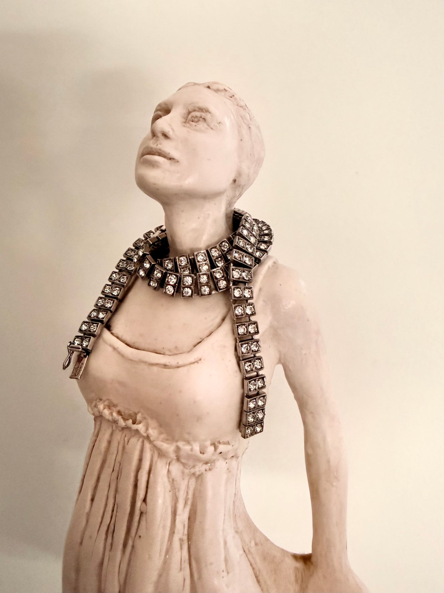 .1930s .1940s .925 Art Deco style double paste stone tennis style sterling silver choker necklace