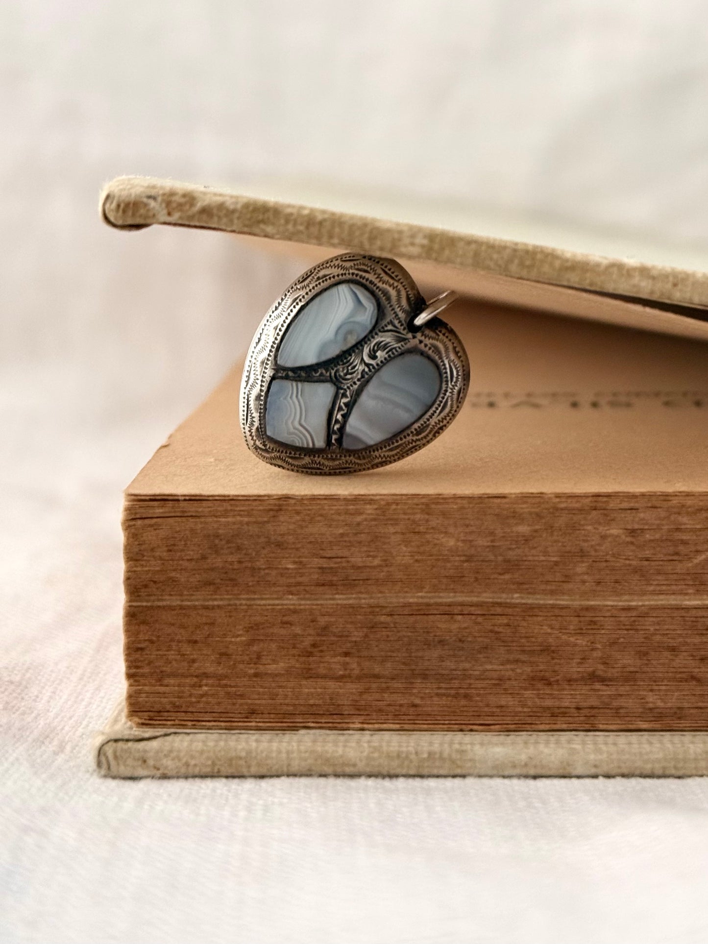 .1860s .1870s .925 antique Victorian lace agate puffy heart rare desirable pebble stone sweetheart love token pendant