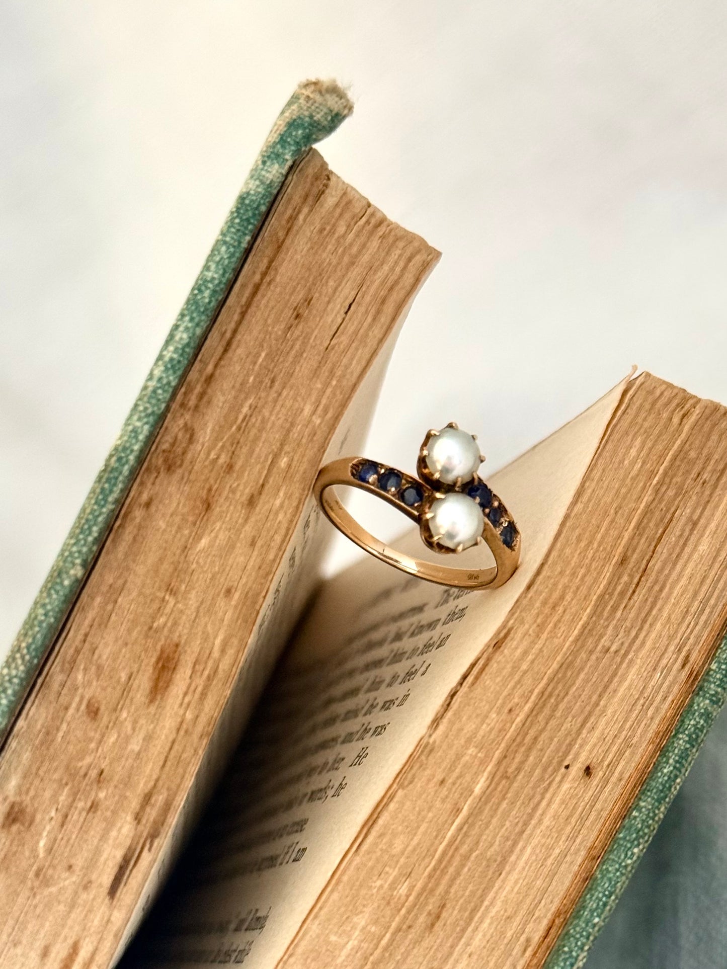 .14ct .1880s .1900s .585 gold antique Victorian Edwardian treasure Toi et Moi double pearl and sapphire bypass sweetheart commitment ring