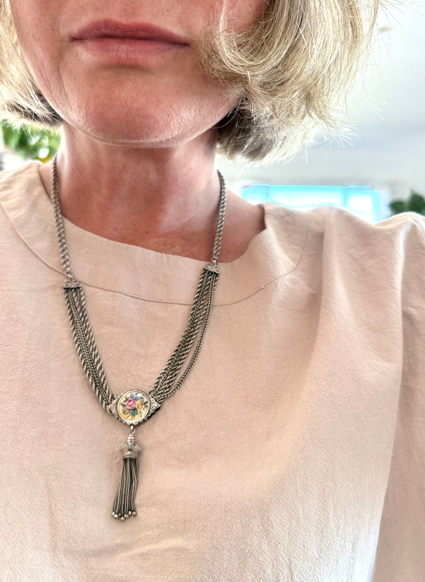 .1860s .1890s .925 antique Belle Epoque rare and fancy enamel slider Albertina multi chain necklace