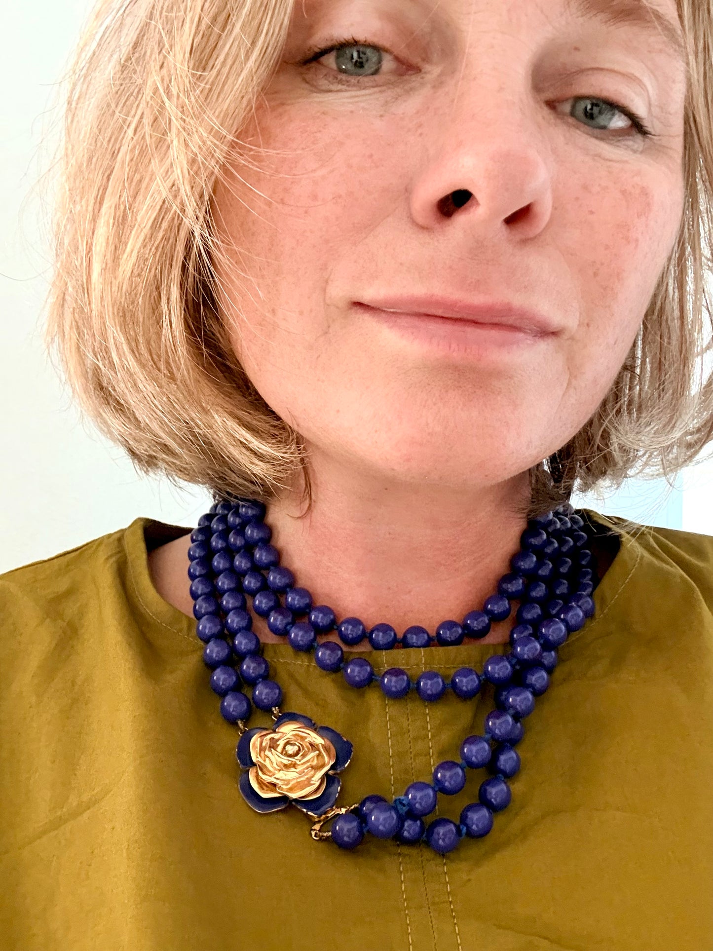 .100cm long .1980s Rare Yves Saint Laurent designer double long strand Lapis Blue Royal Blue Rose Flower gold tone floral clasp costume accent necklace