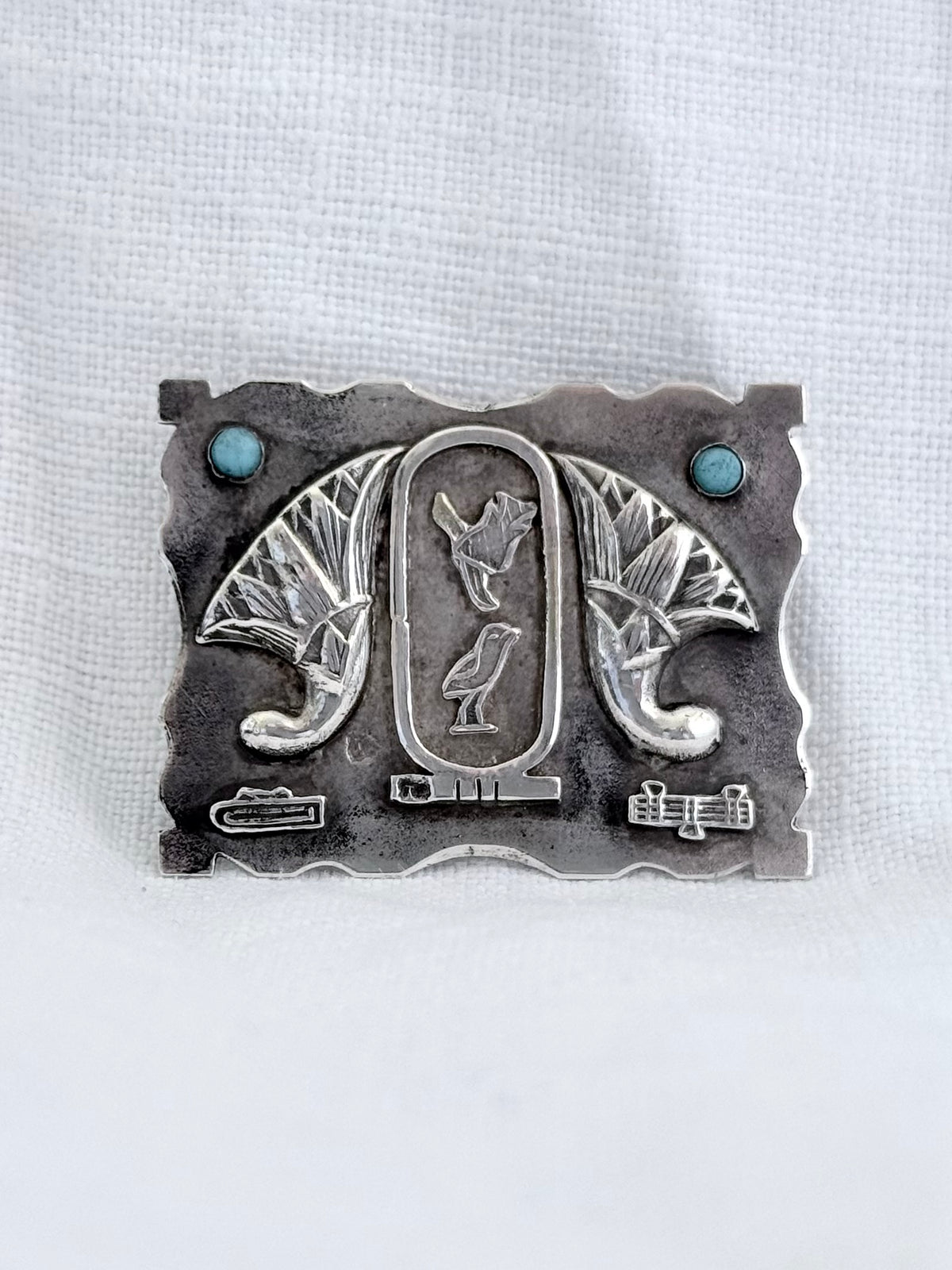 .1940s .800 Egyptian silver Arts & Crafts Hieroglyphics modernist silver and turquoise brooch pin