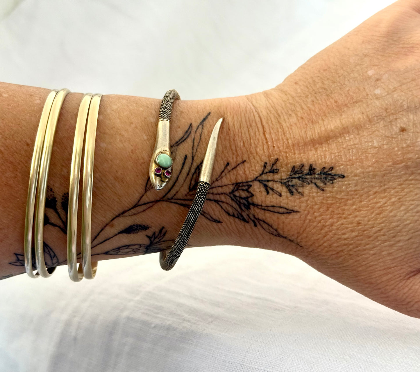 .1920s .1930s antique Victorian revival silver Snake Serpent and Chrysoprase Ruby gemstone head bangle