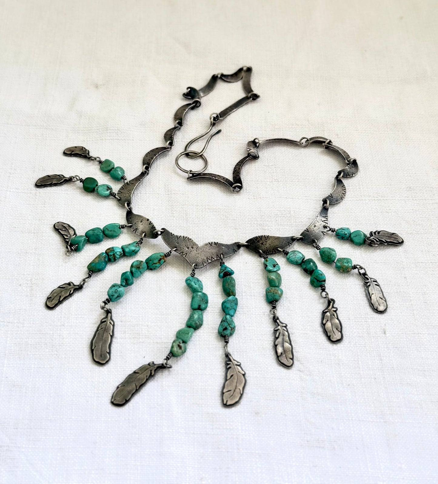 .925 artisan vintage Navajo silver feather traditional collectable collectors cascade necklace