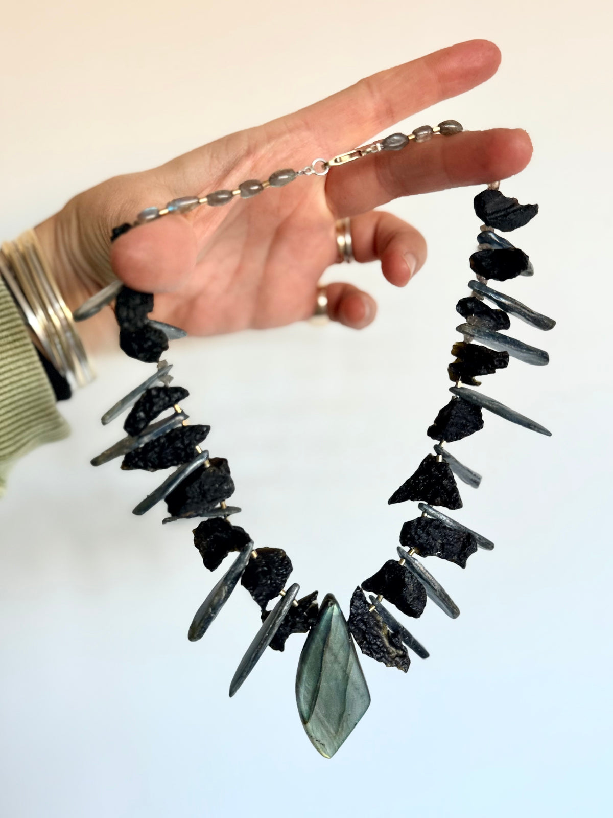 .925 artisan silver Blue kyanite crystals Labradorite abstract bib geological gemstone statement necklace