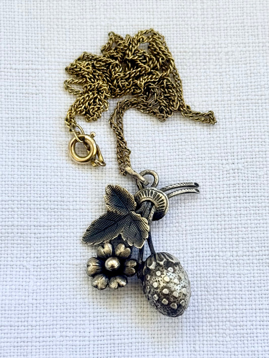 .1900s .1910s Art Nouveau French silver Strawberry and flower pendant and chain necklace