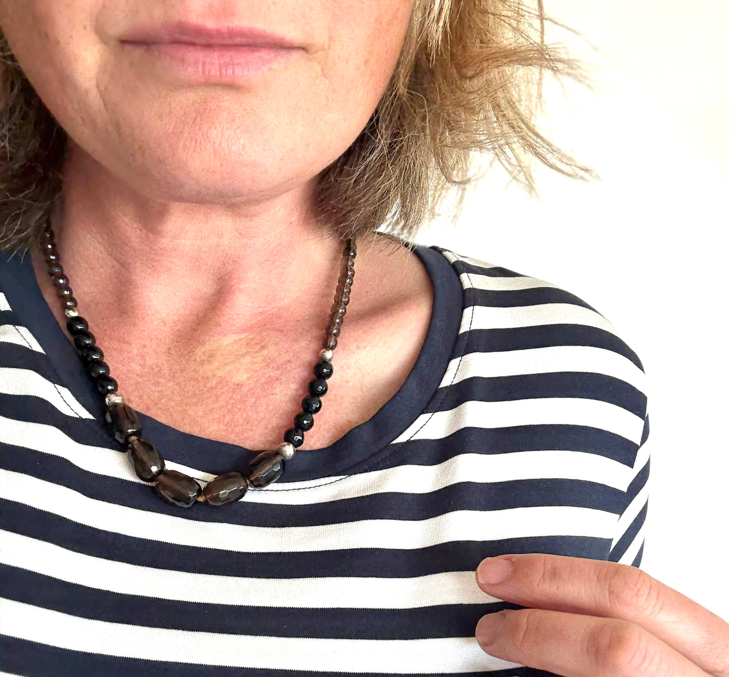 .925 Smokey Quartz and Onyx gemstone luxury Birmingham silver hallmarked faceted bead necklace