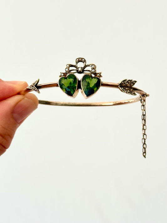 .1900s .1910s .9ct antique Edwardian Lovers Token Peridot double Heart, Seed Pearl Bow and Arrow symbol Belle Epoque fine collectors worthy clasp bangle in original presentation gift box