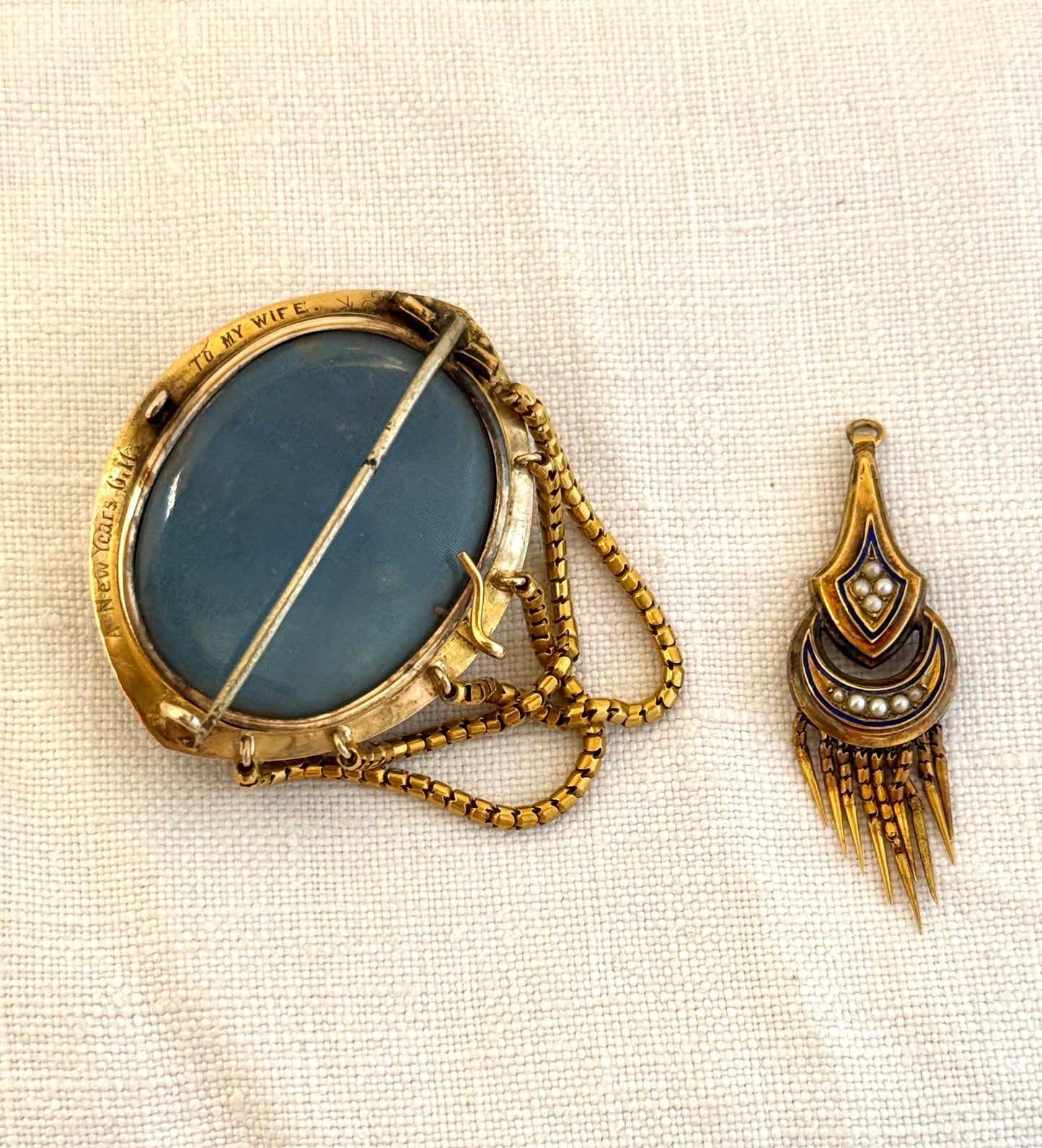 .1800s antique Etruscan revival high carat gold pearl royal blue enamel high carat gold tassel memorial Victorian rare heirloom navette shaped gold brooch
