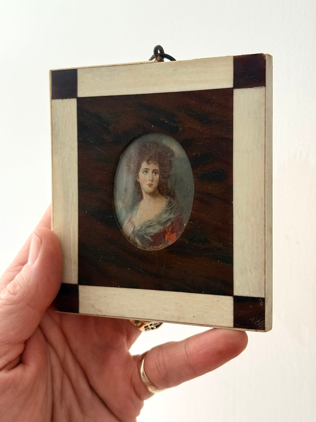 .1700s .1800s Baroque revival miniature hand painted Dame Portraits Painting in Ivory and wooden inlay frame