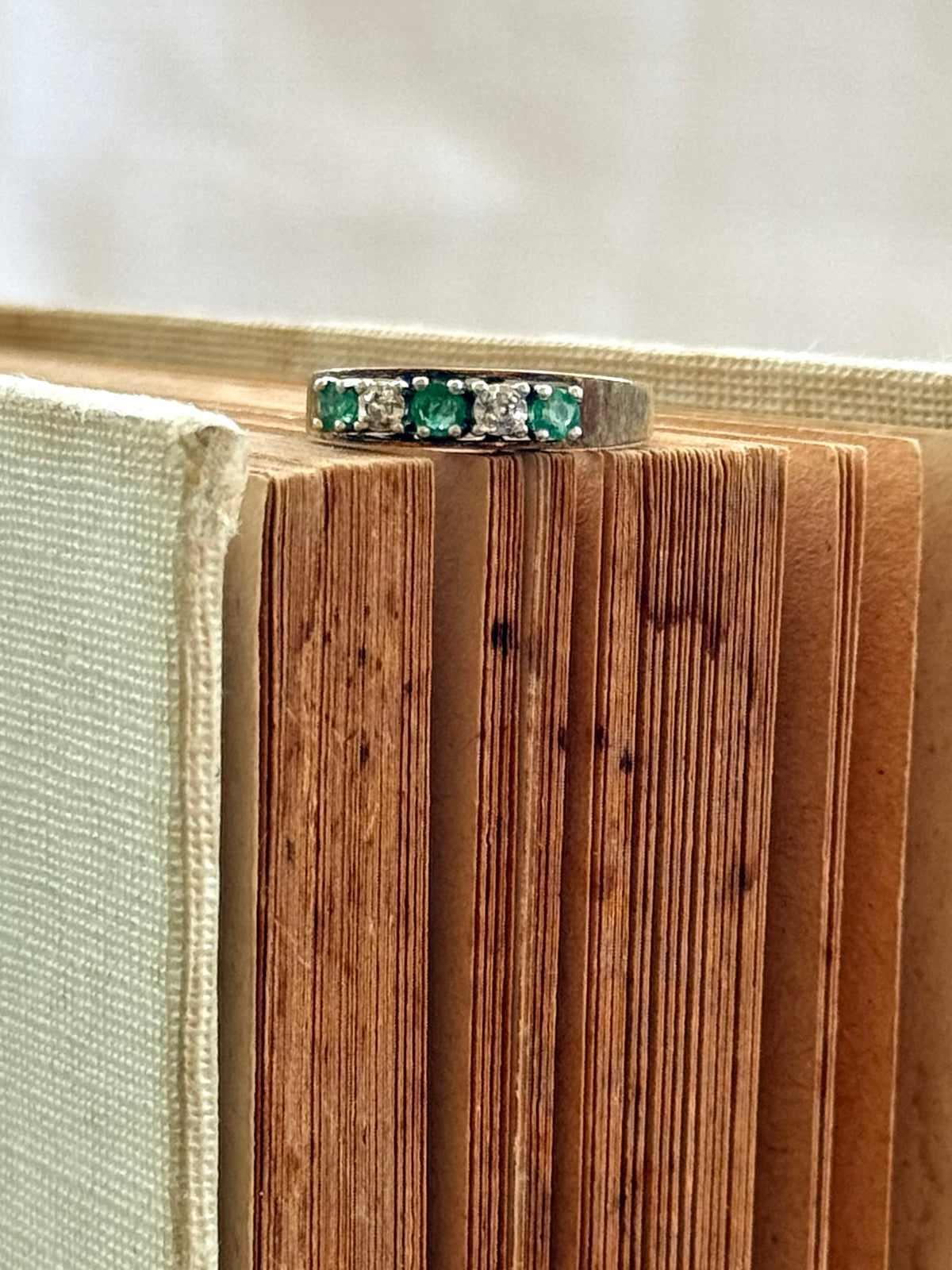 14k .1960s .1970s 3 Emeralds 2 Diamonds 5 precious gemstones high carat modernist brutalist half eternity ring band