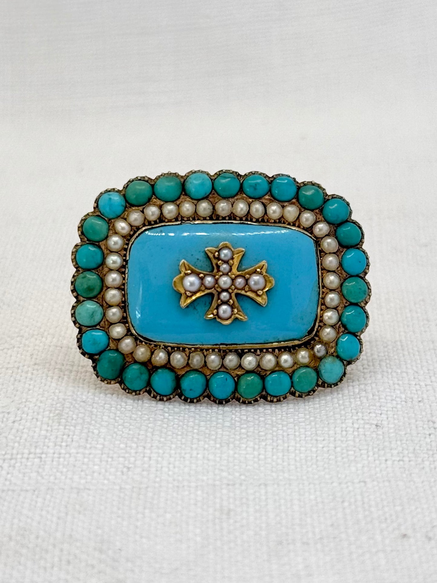 .15ct .1800s antique late Georgian early Victorian rare and magnificent Turquoise Pearl enamel high carat gold Maltese cross brooch pin